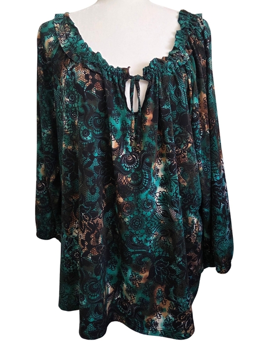 Tops - Women's Teal Floral Peasant Top - Boho Tunic